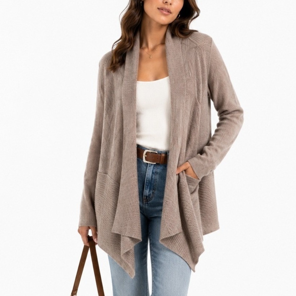 White House Black Market Metallic Ribbed Open Front Cardigan Mauve Taupe Large